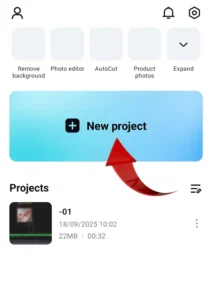 Create new project in capcut